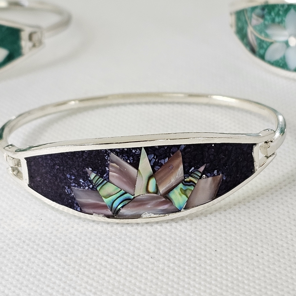 Vintage 3 Crushed Turquoise & Abalone Alpaca Silver Bracelets! - Picture 8 of 10